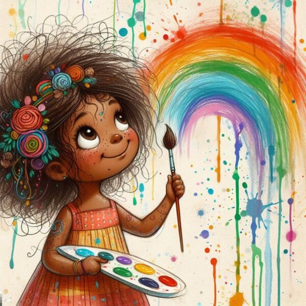 Child happily painting a messy rainbow
