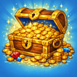 A wooden treasure chest filled with shiny gold coins